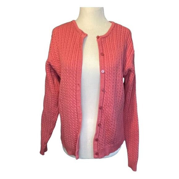Vintage Crystal Kobe Cable Knit Cardigan Sweater Pink Button Front Crewneck M - Picture 1 of 6